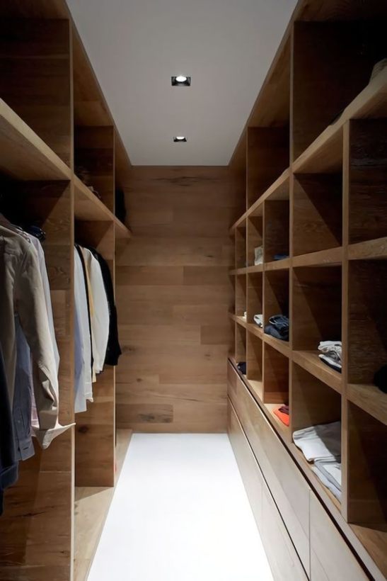 long and narrow walk-in closet